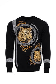 Hooded Silver Grey Tiger Patterned Black Slim Fit Sweatshirt - Wessi