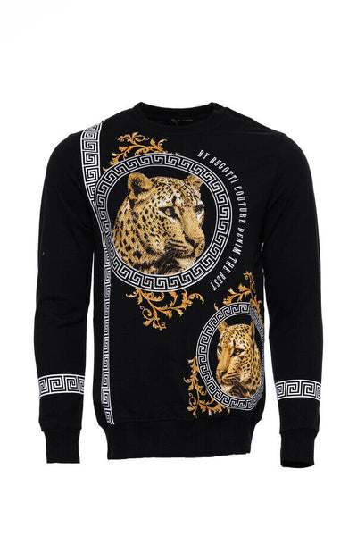 Hooded Silver Grey Tiger Patterned Black Slim Fit Sweatshirt - Wessi