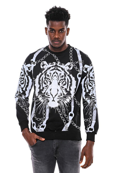 Tiger Patterned Slim Fit Black Sweatshirt - Wessi