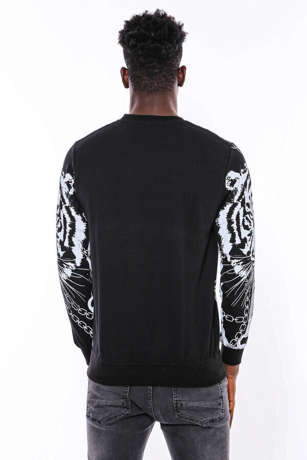 Tiger Patterned Slim Fit Black Sweatshirt - Wessi