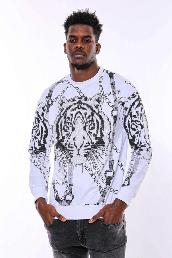 Tiger Patterned Slim Fit White SweatshirtTiger Patterned Slim Fit White Sweatshirt - Wessi