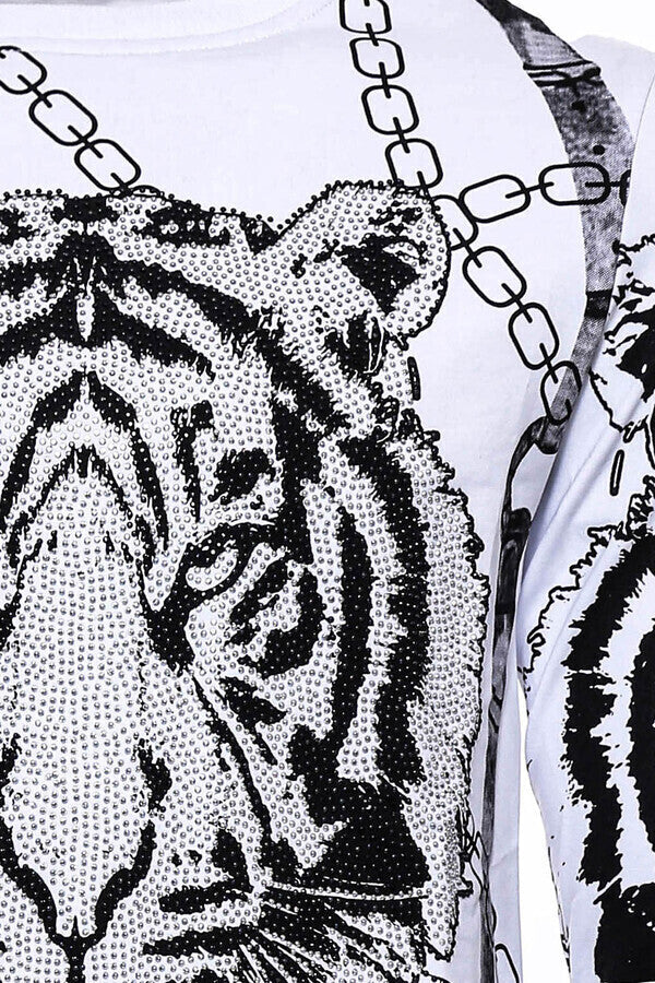 Tiger Patterned Slim Fit White SweatshirtTiger Patterned Slim Fit White Sweatshirt - Wessi