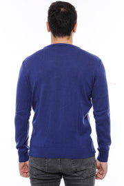 Navy Blue Crew Neck Embroidered Plain Knitwear - Wessi