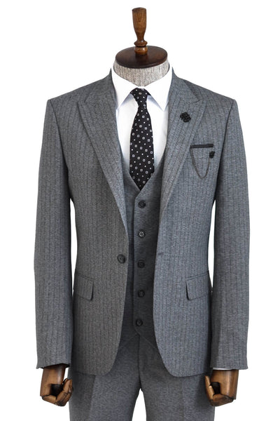 Striped Vested Grey Men's Suit    - Wessi