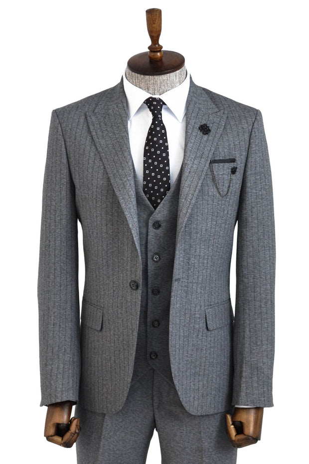 Striped Vested Grey Men's Suit    - Wessi