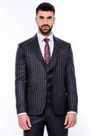 Navy Blue Striped Men's Vested Slim-Fit Suit - Wessi