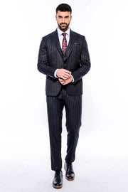 Navy Blue Striped Men's Vested Slim-Fit Suit - Wessi