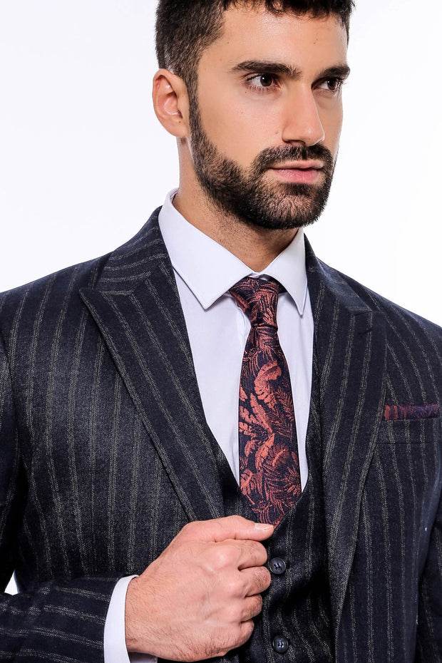 Navy Blue Striped Men's Vested Slim-Fit Suit - Wessi