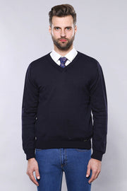 V Neck Navy Blue Sweater | Wessi