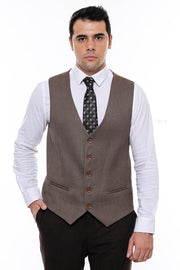 V Neck Patterned Brown Vest - Wessi