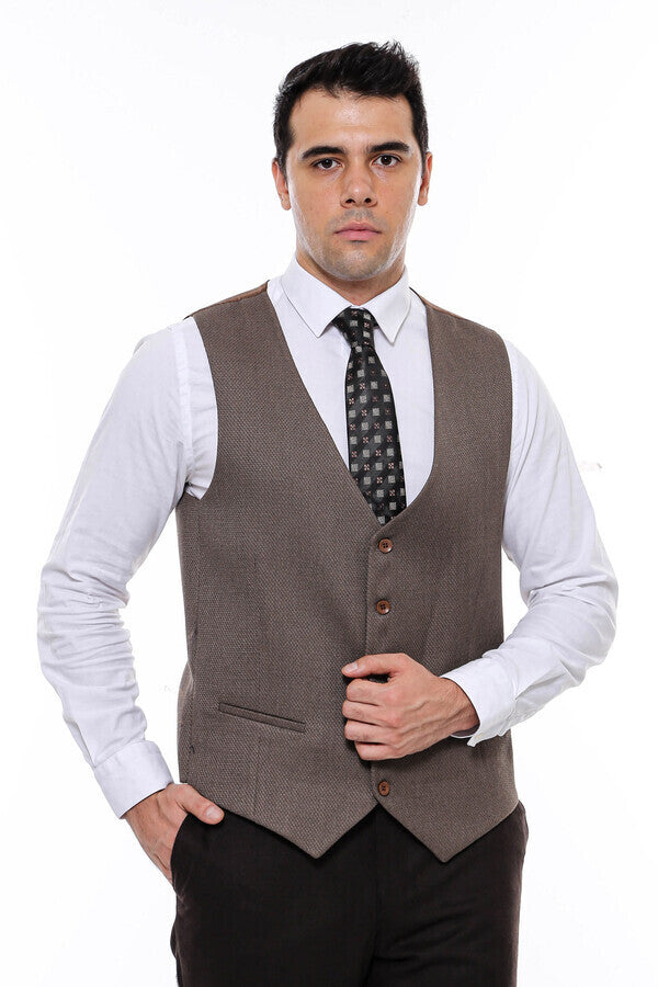 V Neck Patterned Brown Vest - Wessi