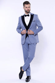 Velvet Collar Patterned Blue Tuxedo | Wessi