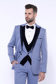 Velvet Collar Patterned Blue Tuxedo | Wessi