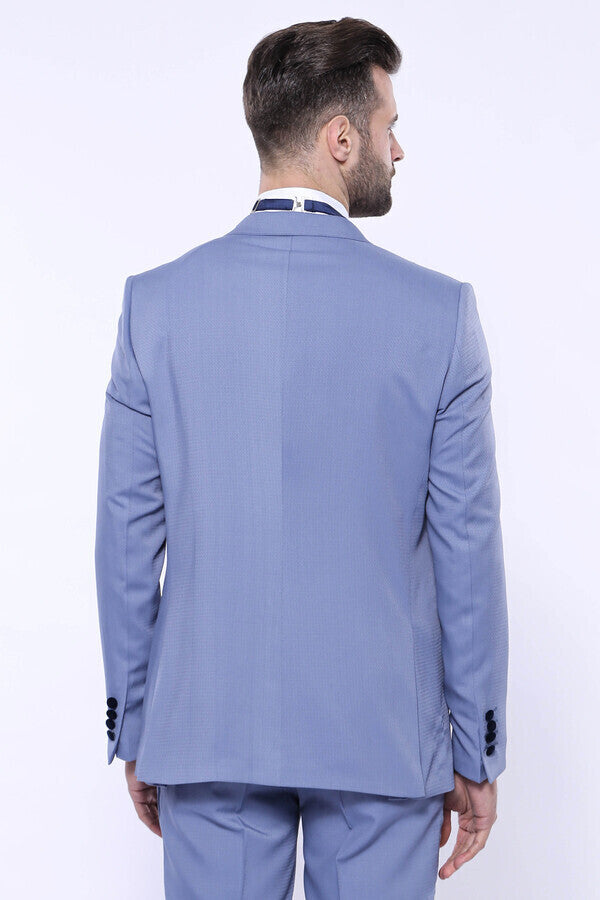 Velvet Collar Patterned Blue Tuxedo | Wessi