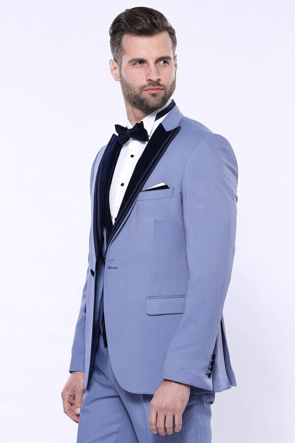 Velvet Collar Patterned Blue Tuxedo | Wessi