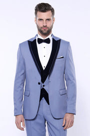 Velvet Collar Patterned Blue Tuxedo | Wessi