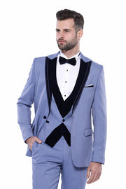 Velvet Collar Patterned Blue Tuxedo | Wessi