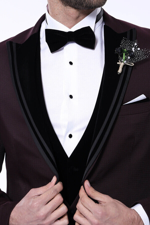 Velvet Collar Patterned Burgundy Tuxedo - Wessi