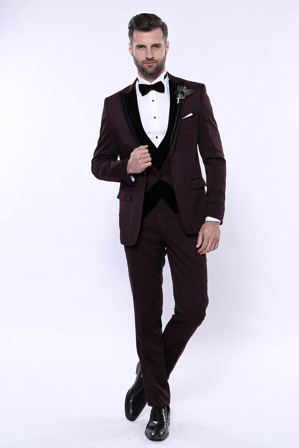 Velvet Collar Patterned Burgundy Tuxedo - Wessi