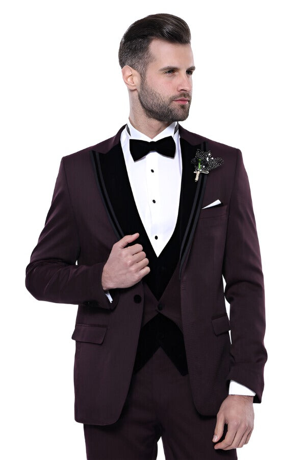 Velvet Collar Patterned Burgundy Tuxedo - Wessi