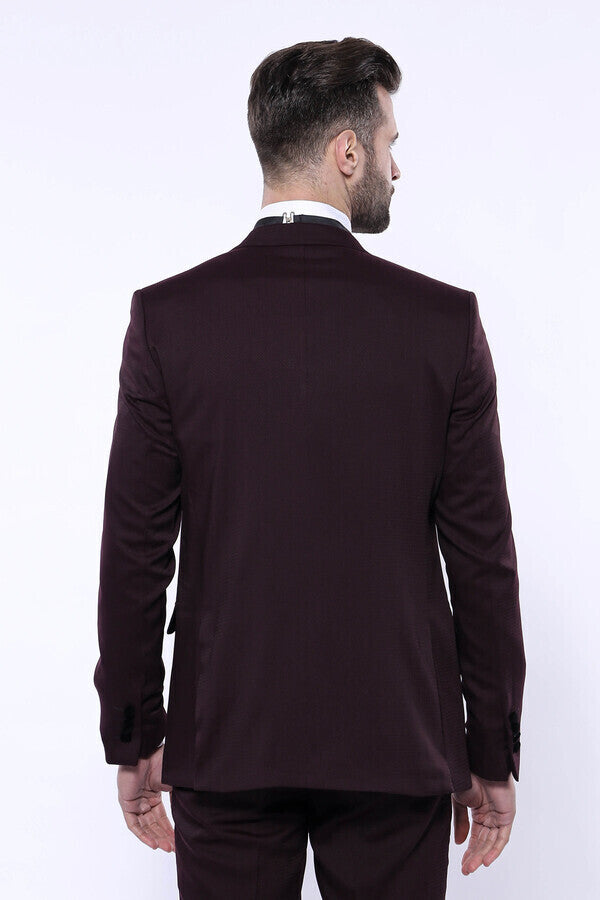 Velvet Collar Patterned Burgundy Tuxedo - Wessi