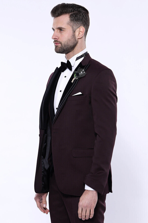 Velvet Collar Patterned Burgundy Tuxedo - Wessi