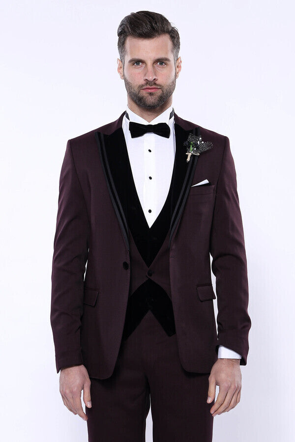 Velvet Collar Patterned Burgundy Tuxedo - Wessi