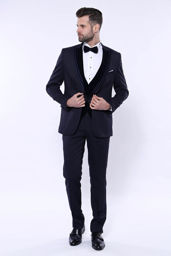 Velvet Collar Patterned Dark Blue Tuxedo - Wessi