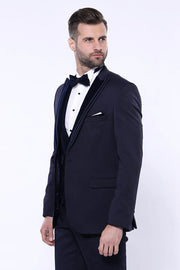 Velvet Collar Patterned Dark Blue Tuxedo - Wessi