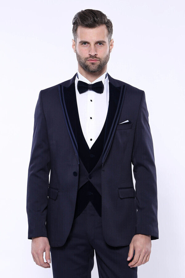 Velvet Collar Patterned Dark Blue Tuxedo - Wessi