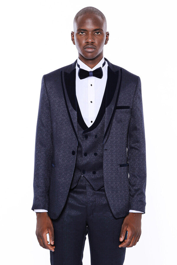 Velvet Lapel Patterned Navy Blue Tuxedo - Wessi