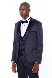 Velvet Lapel Patterned Navy Blue Tuxedo - Wessi