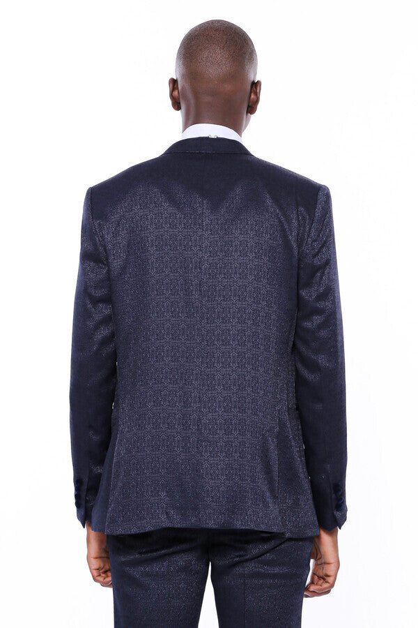 Velvet Lapel Patterned Navy Blue Tuxedo - Wessi