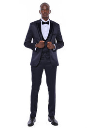 Velvet Lapel Patterned Navy Blue Tuxedo - Wessi