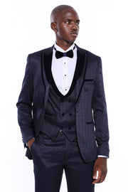 Velvet Lapel Patterned Navy Blue Tuxedo - Wessi