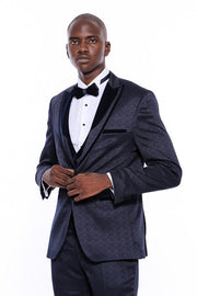 Velvet Lapel Patterned Navy Blue Tuxedo - Wessi