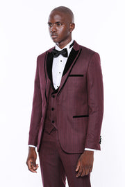 Velvet Lapel Patterned Vested Burgundy Men Tuxedo - Wessi