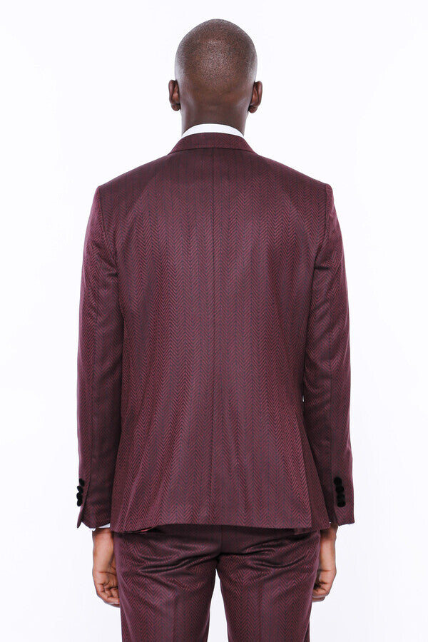 Velvet Lapel Patterned Vested Burgundy Men Tuxedo - Wessi