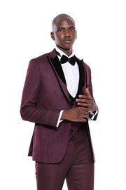 Velvet Lapel Patterned Vested Burgundy Men Tuxedo - Wessi