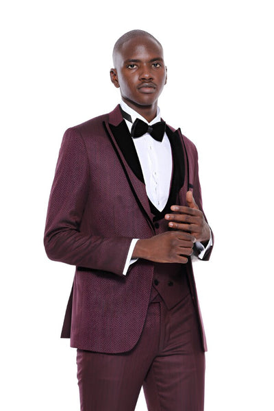 Velvet Lapel Patterned Vested Burgundy Men Tuxedo - Wessi