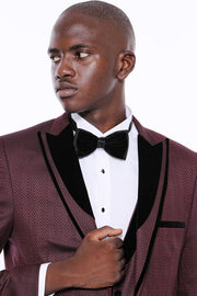 Velvet Lapel Patterned Vested Burgundy Men Tuxedo - Wessi