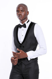 Velvet Lapel Striped Herringbone Black 3 Piece Tuxedo - Wessi