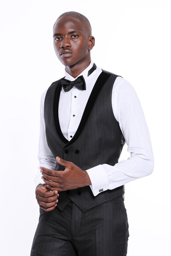 Velvet Lapel Striped Herringbone Black 3 Piece Tuxedo - Wessi