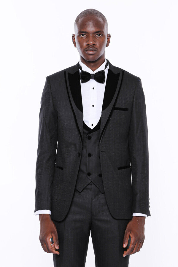 Velvet Lapel Striped Herringbone Black 3 Piece Tuxedo - Wessi