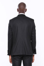 Velvet Lapel Striped Herringbone Black 3 Piece Tuxedo - Wessi