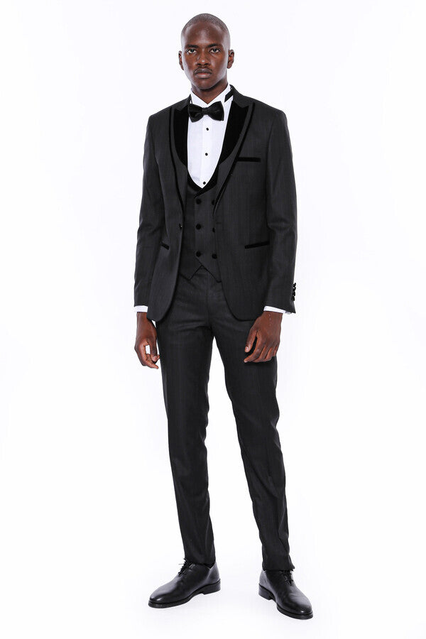 Velvet Lapel Striped Herringbone Black 3 Piece Tuxedo - Wessi