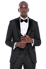 Velvet Lapel Striped Herringbone Black 3 Piece Tuxedo - Wessi