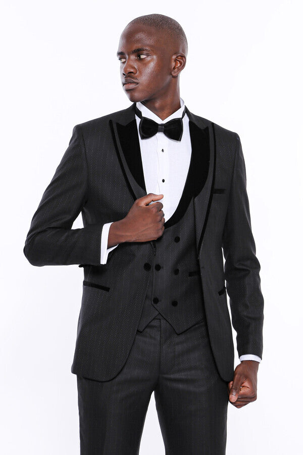 Velvet Lapel Striped Herringbone Black 3 Piece Tuxedo - Wessi