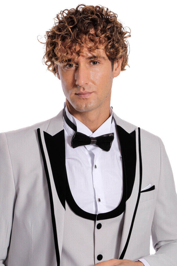 Velvet Lapel Vested Patterned Grey Men Tuxedo - Wessi