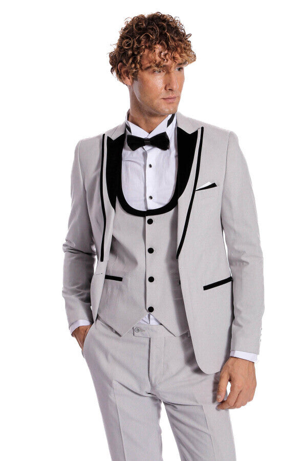 Velvet Lapel Vested Patterned Grey Men Tuxedo - Wessi